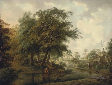 Philip Reinagle Painting - Un paisaje fluvial boscoso con viajeros en una pista, una pastora y su rebaño en un banco Philip Reinagle